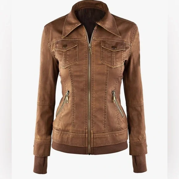 Faux Leather Jacket Women Motorcycle Coat for Biker with Removable Hood -camel - Picture 3 of 7